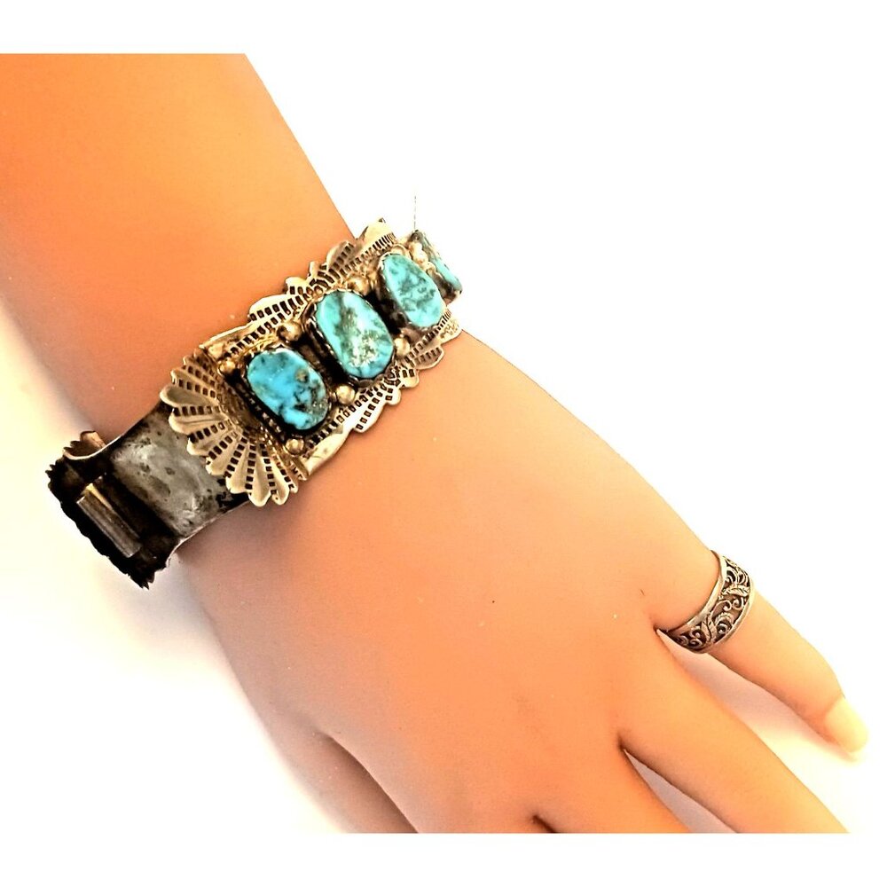 Vntg Signed Zuni 9pc Turquoise Watch Cuff Sterling 59g  (1585) - Picture 2 of 16